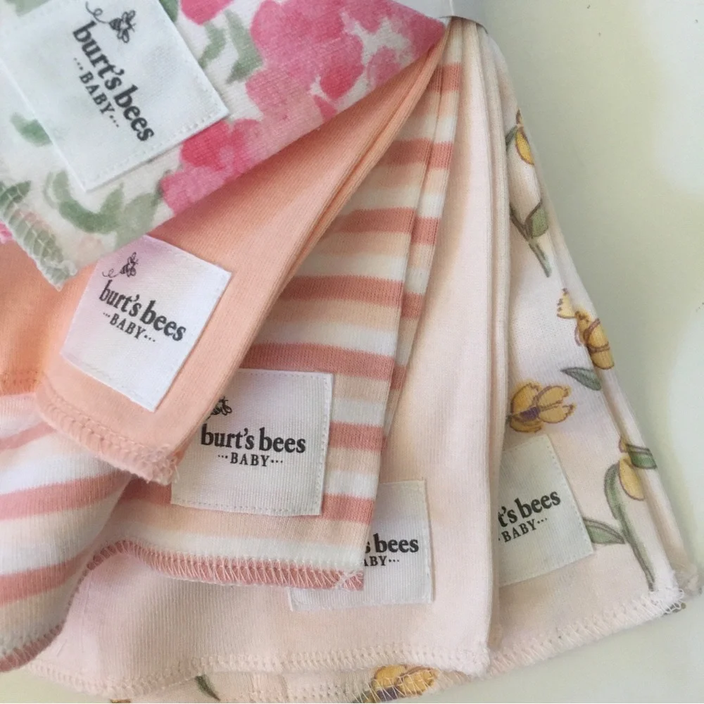 NEW 5 Burp Cloths 100% Organic Cotton Floral Pink White | Burt’s Bees